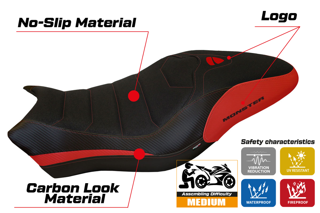 Ducati Monster 821 1200 2017-2020 Seat Cover Tappezzeria Italia Ultragrip in Red and Black