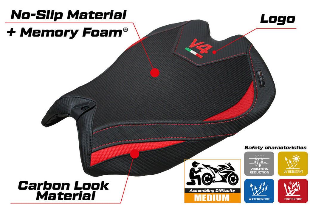 Ducati Panigale V4 2025 Seat Cover Tappezzeria Comfort Black Red V4 Logo