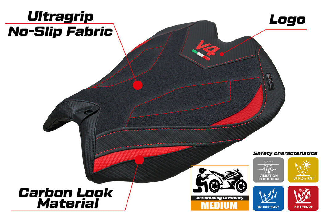 Ducati Panigale V4 2025 Seat Cover Tappezzeria Ultragrip Black Red V4 Logo