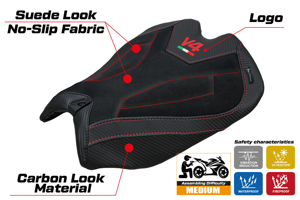 Ducati Panigale V4 2025 Seat Cover Tappezzeria Suede Black V4 Logo