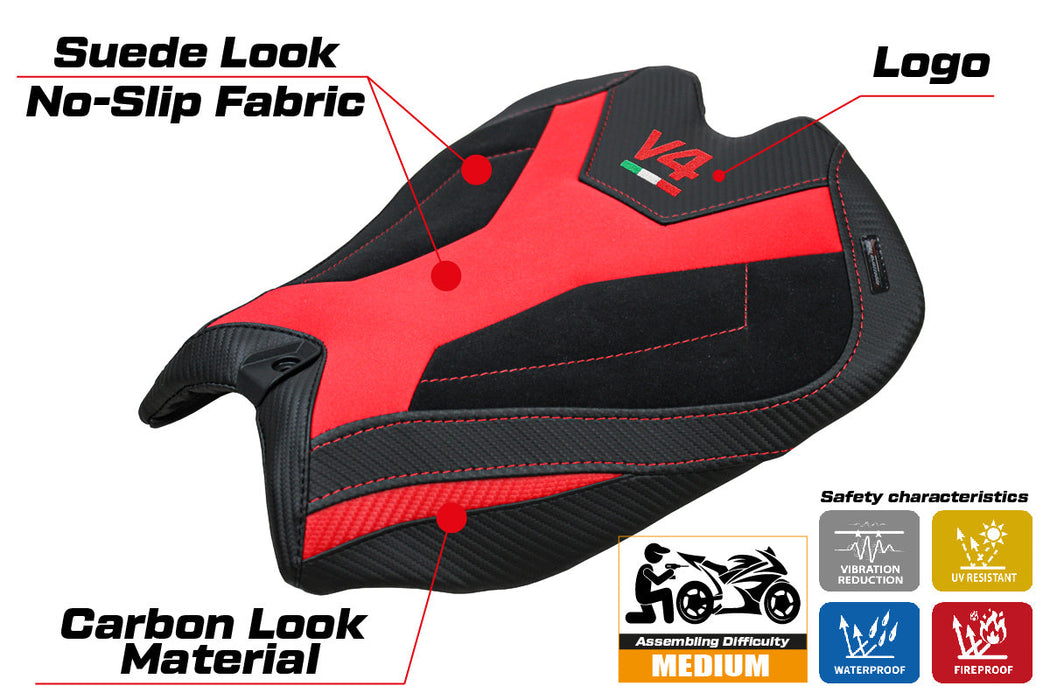 Ducati Panigale V4 2025 Seat Cover Tappezzeria Suede Black Red V4 Logo