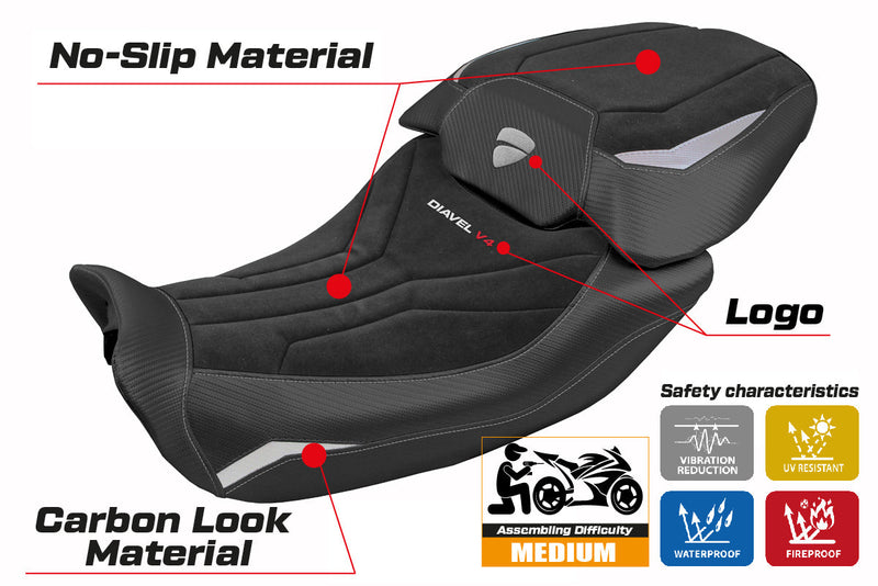 Ducati Diavel V4 2023-2025 Seat Cover Tappezzeria Italia in Diablo Velvet Silver and Black