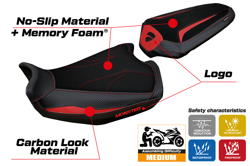 Ducati Monster 937 950 2021-2024 Seat Cover Tappezzeria Italia Comfort in Red and Black