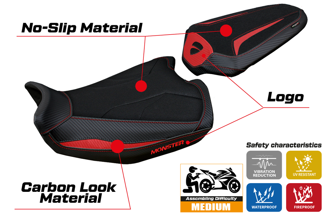 Ducati Monster 937 950 2021-2024 Seat Cover Tappezzeria Italia Ultragrip in Red and Black