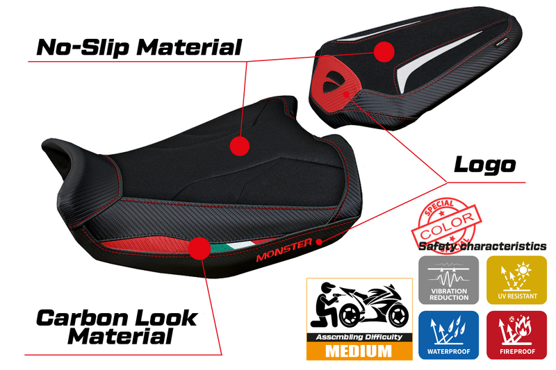 Ducati Monster 937 950 2021-2024 Seat Cover Tappezzeria Italia Ultragrip in Red, White and Black