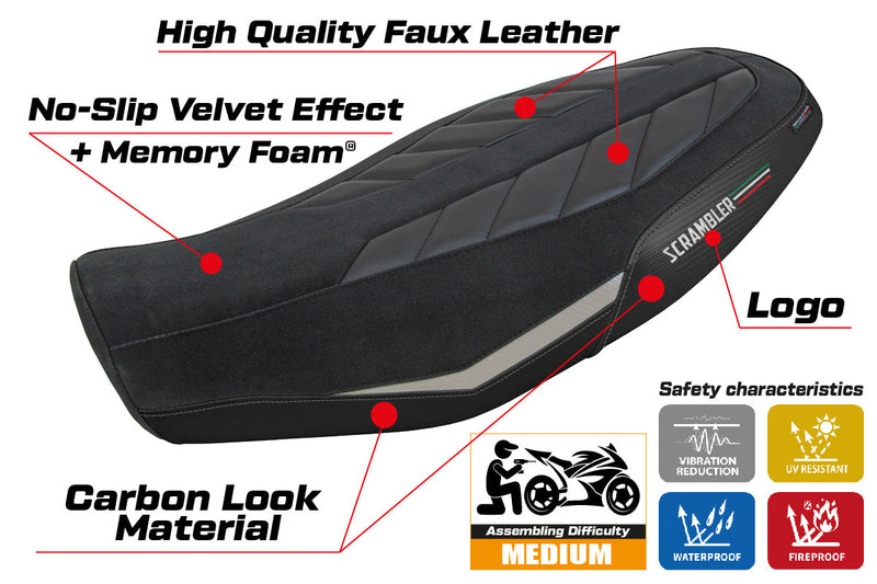 Ducati Scrambler 800 2023-2024 Seat Cover Tappezzeria Italia Comfort in Velvet Silver and Black