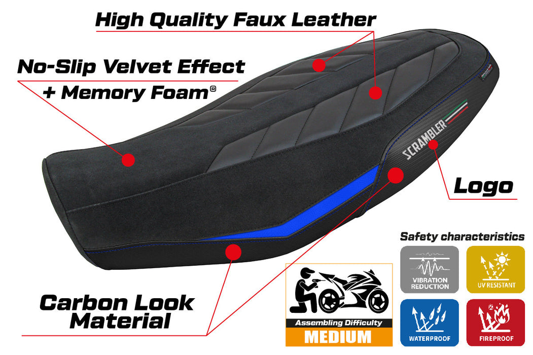 Ducati Scrambler 800 2023-2024 Seat Cover Tappezzeria Italia Comfort in Velvet Blue and Black