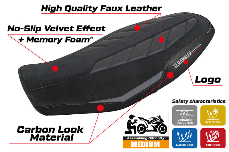 Ducati Scrambler 800 2023-2024 Seat Cover Tappezzeria Italia Comfort in Velvet Grey and Black