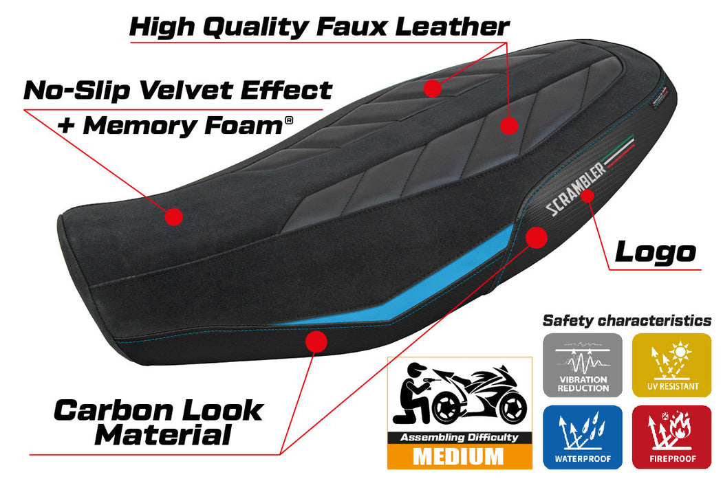Ducati Scrambler 800 2023-2024 Seat Cover Tappezzeria Italia Comfort in Velvet Light Blue and Black