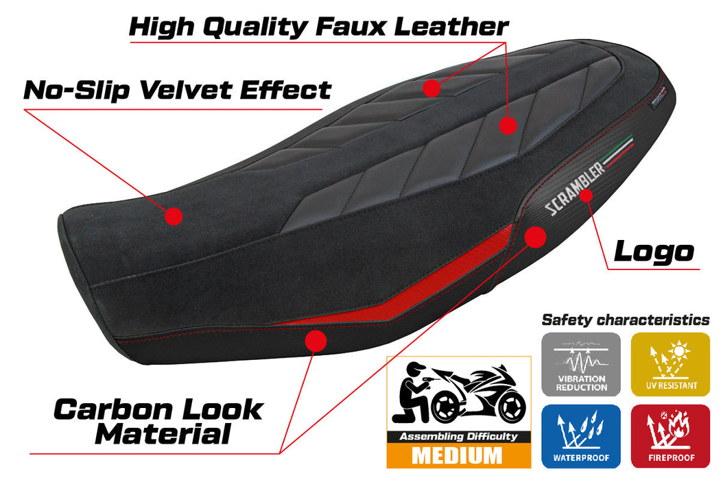 Ducati Scrambler 800 2023-2024 Seat Cover Tappezzeria Italia in Velvet Look Red and Black