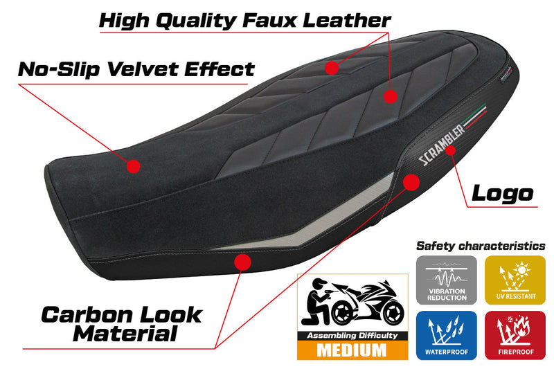 Ducati Scrambler 800 2023-2024 Seat Cover Tappezzeria Italia in Velvet Look Silver and Black