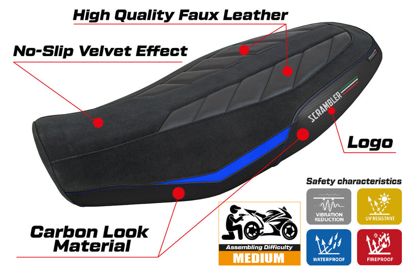 Ducati Scrambler 800 2023-2024 Seat Cover Tappezzeria Italia in Velvet Look Blue and Black