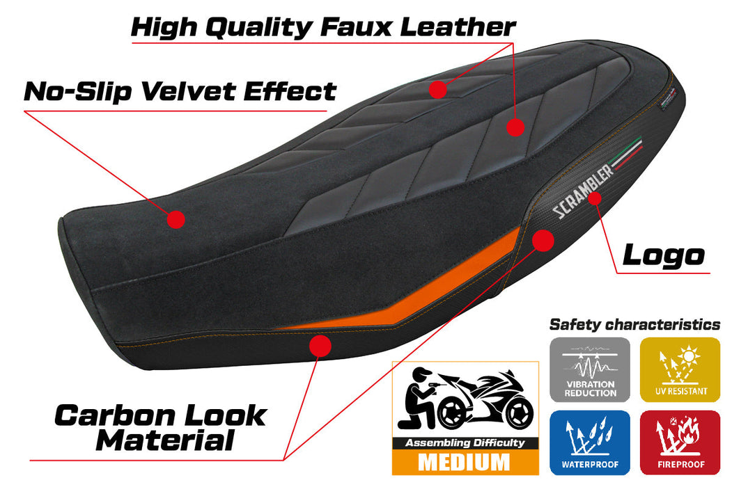 Ducati Scrambler 800 2023-2024 Seat Cover Tappezzeria Italia in Velvet Look Orange and Black