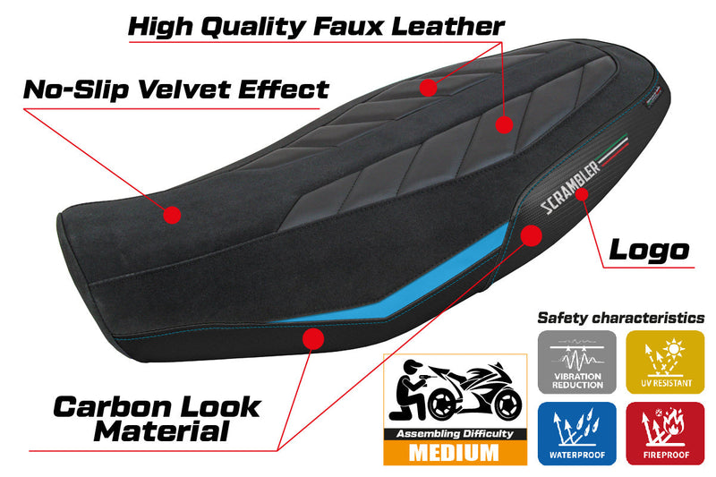 Ducati Scrambler 800 2023-2024 Seat Cover Tappezzeria Italia in Velvet Look Light Blue and Black