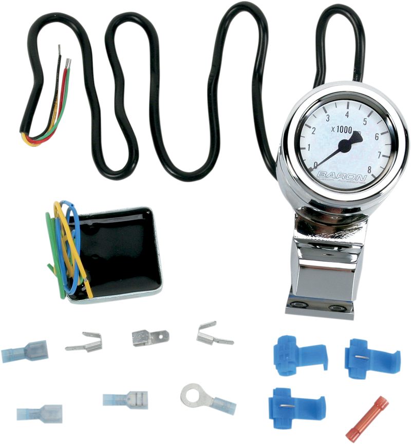 BARON Mini-Bullet Electronic Tachometer with 1" Bar Mount - Chrome - White Face - 3-3/8" L x 2-5/16" D BA-7573-00
