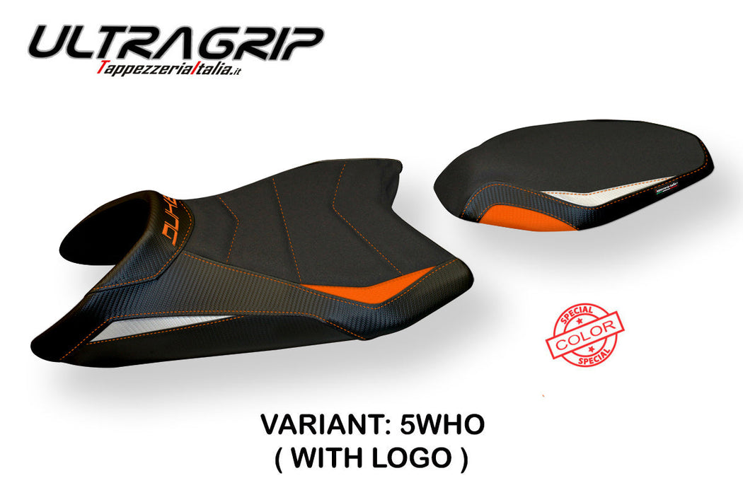 KTM 890 Duke 2021-2024 Seat Cover Tappezzeria Italia Ultragrip in White, Orange, and Black