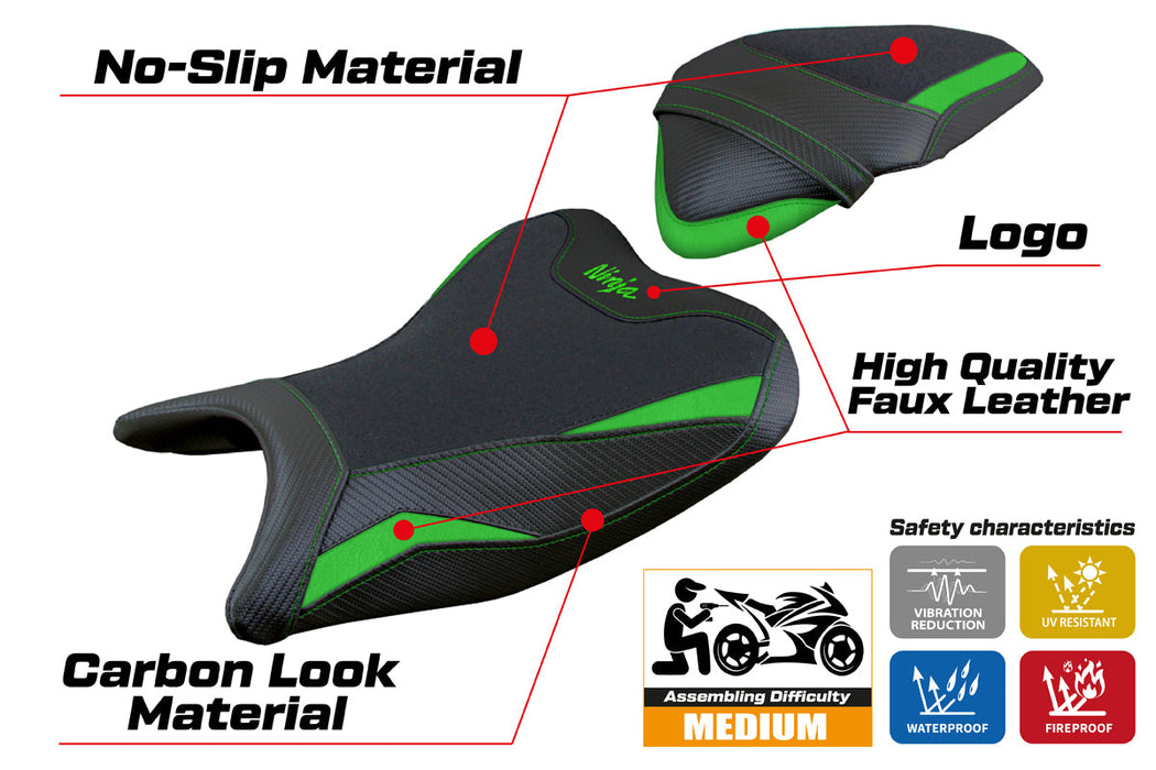 Kawasaki Ninja 250 2018 2019 Seat Cover Tappezzeria Italia Ultragrip in Green and Black