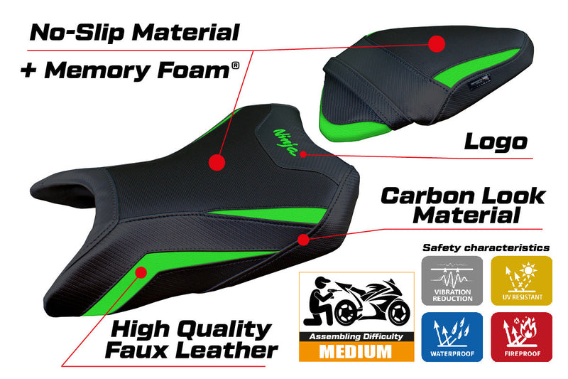 Kawasaki Ninja 500 2024 Seat Cover Tappezzeria Italia Comfort in Green and Black