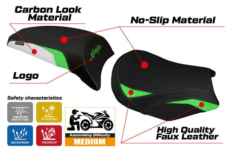Kawasaki Ninja 650 Z650 2017-2024 Seat Cover Tappezzeria Italia in Green, White and Black