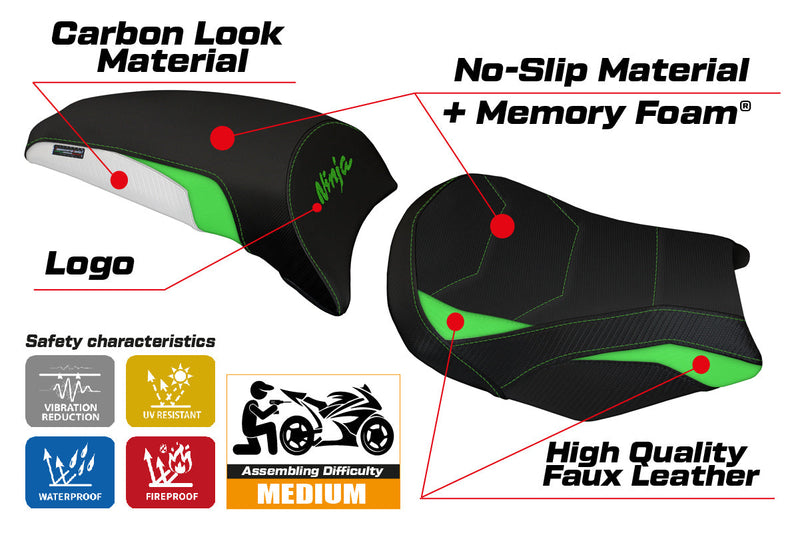 Kawasaki Ninja 650 Z650 2017-2024 Seat Cover Tappezzeria Italia Comfort in Green and White