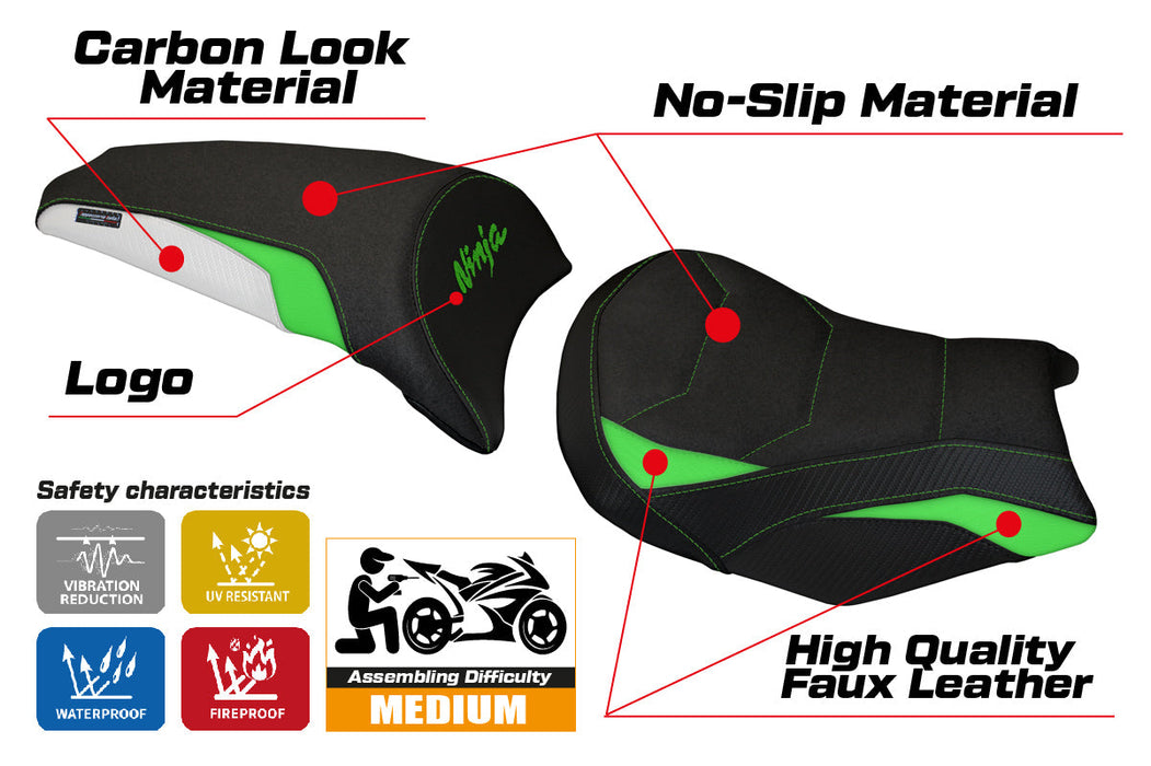 Kawasaki Ninja 650 Z650 2017-2024 Seat Cover Tappezzeria Italia Ultragrip in Green and White