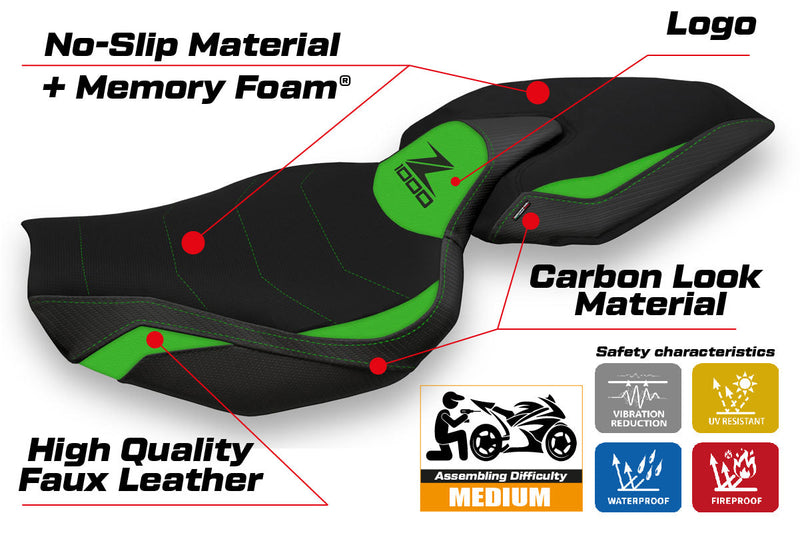 Kawasaki Z1000 2014-2021 Seat Cover Tappezzeria Italia Comfort in Green and Black