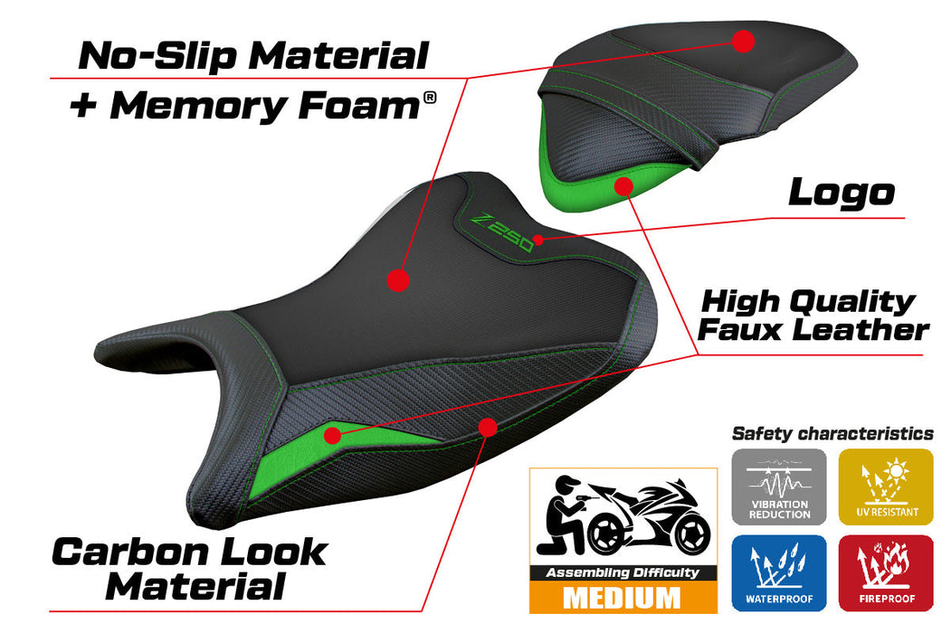 Kawasaki Z250 2019 2020 Seat Cover Tappezzeria Italia Comfort in Green and Black