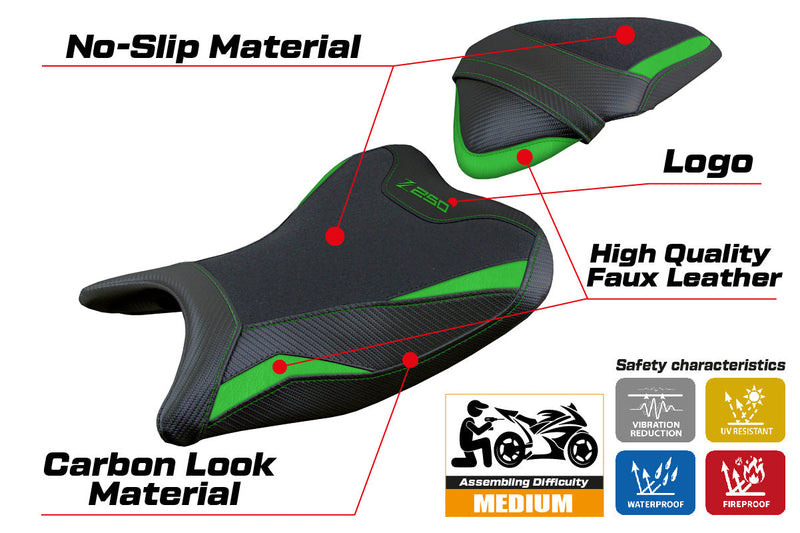 Kawasaki Z250 2019 2020 Seat Cover Tappezzeria Italia Ultragrip in Green and Black