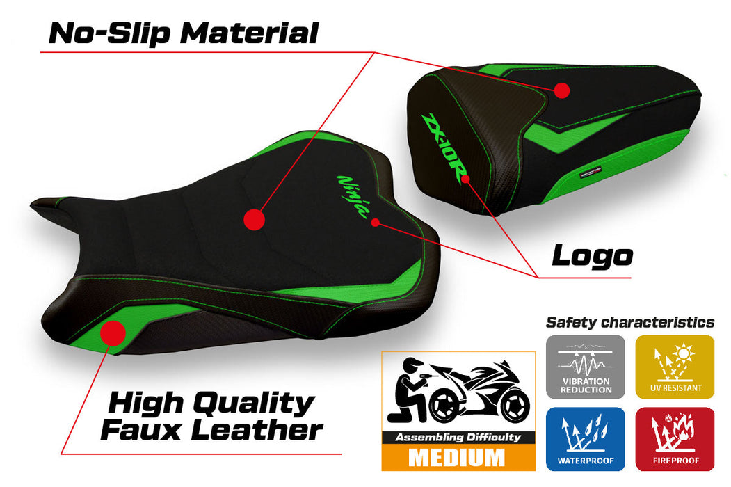 Kawasaki Ninja ZX10R 2008-2010 Seat Cover Tappezzeria Italia Ultragrip in Green and Black