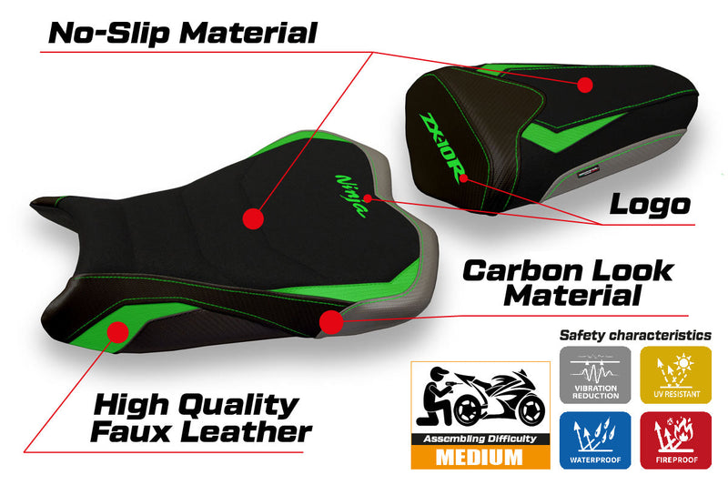 Kawasaki Ninja ZX10R 2008-2010 Seat Cover Tappezzeria Italia Ultragrip in Green and Grey