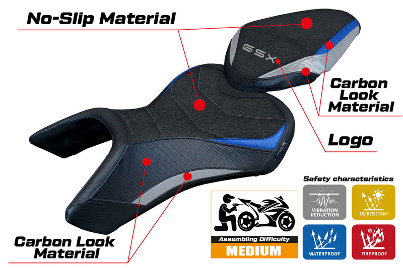 Suzuki GSX 8S-8R 2023 2024 Seat Cover Tappezzeria Italia Ultragrip in Silver Blue and Black