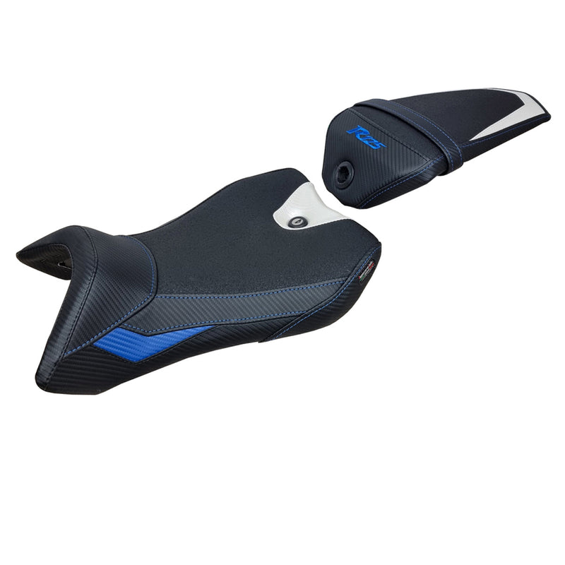 Yamaha YZF R125 2016-2018 Seat Cover Tappezzeria Italia Ultragrip in White, Blue and Black