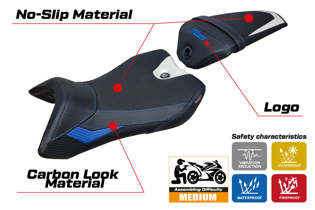 Yamaha YZF R125 2016-2018 Seat Cover Tappezzeria Italia Ultragrip in White, Blue and Black
