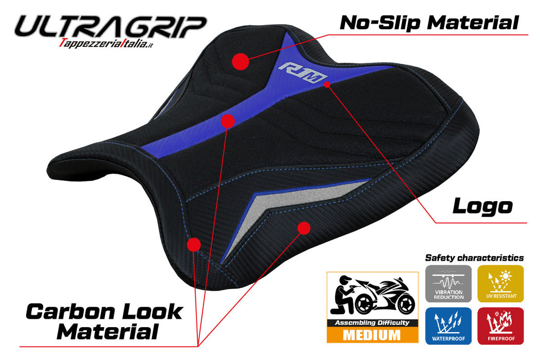 Yamaha YZF R1M 2015-2024 Rider Seat Cover Tappezzeria Italia Ultragrip in Blue and Silver