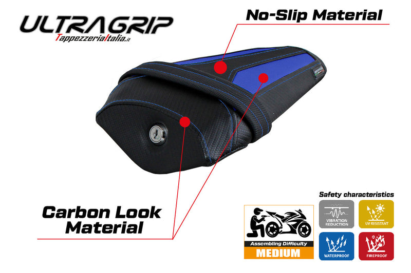 Yamaha YZF R1M 2015-2024 Rear Seat Cover Tappezzeria Italia Ultragrip in Blue and Black
