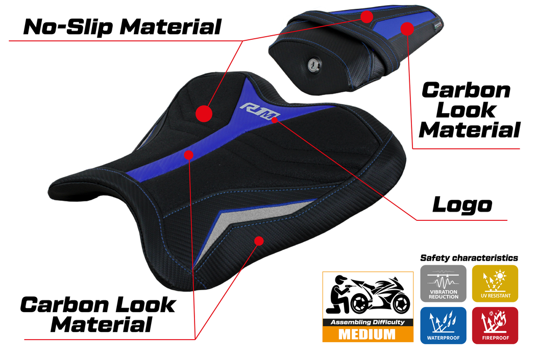 Yamaha YZF R1M 2015-2024 Seat Cover Tappezzeria Italia Ultragrip in Blue and Silver